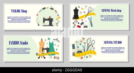 Ein Satz Flyer für eine Nähwerkstatt. Szenen mit Schneiderwerkzeugen - eine Schaufensterpuppe, eine Nähmaschine, Fäden und Nadeln und andere Elemente. Stock Vektor