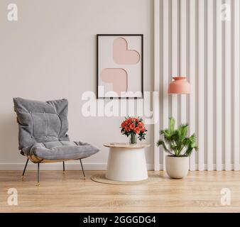 Postermockup mit vertikalen Rahmen auf leerer weißer Wand in Wohnzimmer mit blauem Samtsessel.3D-Rendering Stockfoto