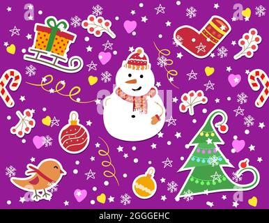 Wintermuster mit Schneeflocken und Schneemännern. Bullfinch, Weihnachtsbaum, Stock Vektor