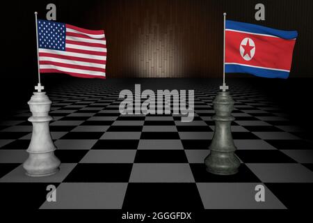 Spektakuläre Konzepterstellung von zwei Schachfiguren, die die Vereinigten Staaten von Amerika, USA und Südkorea, 3D-RENDERING repräsentieren. Stockfoto