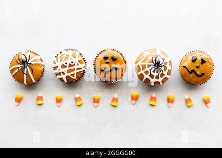 Draufsicht auf eine Reihe hausgemachter Cupcakes, die für Halloween dekoriert sind. Stockfoto