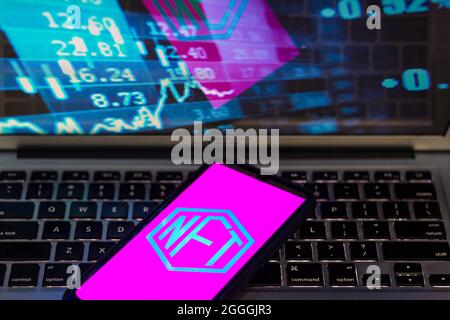 Brasilien. August 2021. In dieser Abbildung ist das NFT-Logo (Non-fungible Token) zu sehen, das auf einem Smartphone angezeigt wird. (Foto von Rafael Henrique/SOPA Images/Sipa USA) Quelle: SIPA USA/Alamy Live News Stockfoto