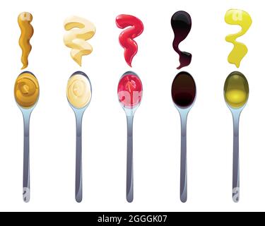 Große Sauce in Löffeln gesetzt. Soja, Olivenöl, Senf, Ketchup- und Mayonnaise-Saucen. Gewürzelemente für die Lebensmittelgestaltung. Stock Vektor