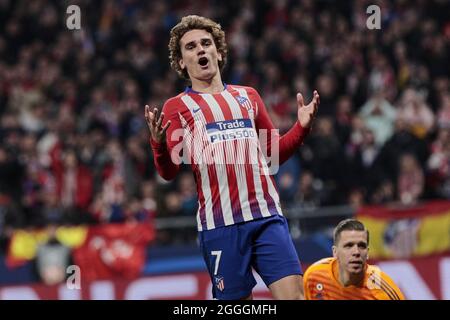 Datei-Foto vom 20. Februar 2019 von Antoine Griezmann von Atletico de Madrid während des Fußballspiels der UEFA Champions League, Runde von 16, 1. Etappe zwischen Atletico de Madrid und Juventus im Wanda Metropolitano Stadium in Madrid, Spanien. Der Meister der Liga, Atletico Madrid, hat den aus Barcelona stammenden Antoine Griezmann erneut für einen einjährigen Darlehensvertrag unterzeichnet. Atletico zahlt den Lohn des Spielers und es gibt eine obligatorische Klausel, um den Transfer dauerhaft zu machen. Foto von A. Perez Meca/AlterPhotos/ABACAPRESS.COM Stockfoto