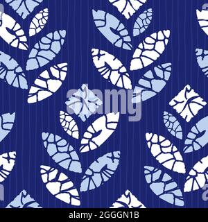 Vector blau Shibori Quilt abstrakten Blütenstiel nahtlose Muster mit Streifen Hintergrund. Geeignet für Textilien, Geschenkpapier und Tapeten. Stock Vektor