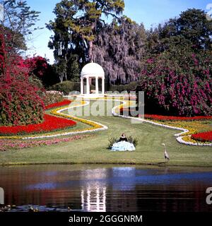 Southern Belle und Pavillon in den Cypress Gardens (jetzt Legoland) mit einem Reiher am Seeufer, Winter Haven, Florida, USA. Stockfoto