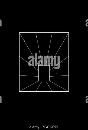 Retro-T-Shirt und -Bekleidung mit perspektivem Tunnel im Sternenhimmel. Die Ästhetik der 1980er Jahre. Schwarz-Weiß-Druck. Vektor Stock Vektor