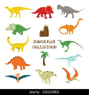 Dinosaurier Kollektion. Parasaurolophus und gallimimus, Pterosaur und Triceratops, Stegosaurus und Hadrosaurus, Tyrannosaurus und Velociraptor, diplodoc Stock Vektor