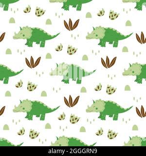 Nahtloses Muster Triceratops Dinosaurier. Große Pflanzenfresser, ausgestorbene alte Eidechse mit Horn, Jurazeit. Farbenfrohe Vektorgrafik von Hand gezeichnet. Wh Stock Vektor