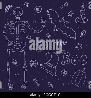 Set von Elementen für Halloween. Skelett, Fledermaus, Hexenhut, Kürbis, Augapfel, Blätter und Zweige, Wortbuh, abgestorbene Knochen, Kerze und Sterne. Doodle Style Linie Stock Vektor