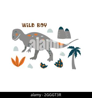 Tyrannosaurus rex-Dinosaurier. Großes ausgestorbenes altes fleischfressendes Reptil, Jurassic. „Wild Boy“-Aufdruck. Bunte Vektor isolierte Illustration von Hand gezeichnet. Whi Stock Vektor