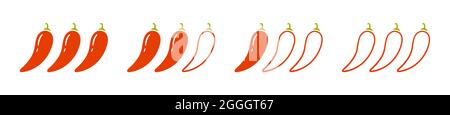 Gewürznoten - mild, würzig und scharf. Rote Chilischote. Symbole für die Chilischote eingestellt. Vektordarstellung auf weißem Hintergrund isoliert Stock Vektor