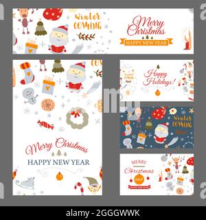 Set von Webbannern mit weihnachtlichen Designelementen im Doodle-Stil. Weihnachtskarten. Vektor Stock Vektor