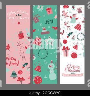 Set von Webbannern mit weihnachtlichen Designelementen im Doodle-Stil. Weihnachtskarten. Vektor Stock Vektor
