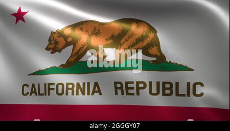 Kalifornische Flagge, Vereinigte Staaten von Amerika, winkende Falten, Nahaufnahme, 3D-Rendering Stockfoto