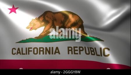 Kalifornische Flagge, Vereinigte Staaten von Amerika, winkende Falten, Nahaufnahme, 3D-Rendering Stockfoto