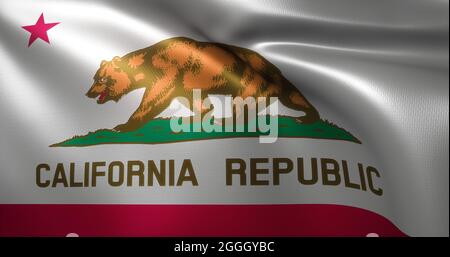 Kalifornische Flagge, Vereinigte Staaten von Amerika, winkende Falten, Nahaufnahme, 3D-Rendering Stockfoto