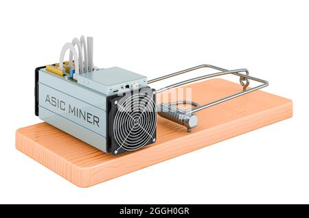 ASIC Miner in der Mausefalle, 3D-Rendering isoliert auf weißem Hintergrund Stockfoto