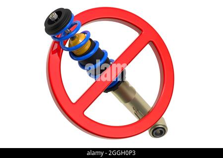 Stoßdämpfer mit Verbotsschild. 3D-Rendering auf weißem Hintergrund isoliert Stockfoto