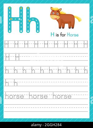 Trace-Buchstabe H in Groß- und Kleinbuchstaben. Alphabet Tracing Praxis Vorschule Arbeitsblatt für Kinder Englisch lernen mit niedlichen Cartoon Tier. Aktivität pag Stock Vektor