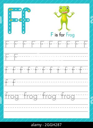 Trace-Buchstabe F in Groß- und Kleinbuchstaben. Alphabet Tracing Praxis Vorschule Arbeitsblatt für Kinder Englisch lernen mit niedlichen Cartoon Tier. Aktivität pag Stock Vektor