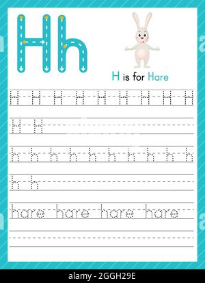 Trace-Buchstabe H in Groß- und Kleinbuchstaben. Alphabet Tracing Praxis Vorschule Arbeitsblatt für Kinder Englisch lernen mit niedlichen Cartoon Tier. Aktivität pag Stock Vektor