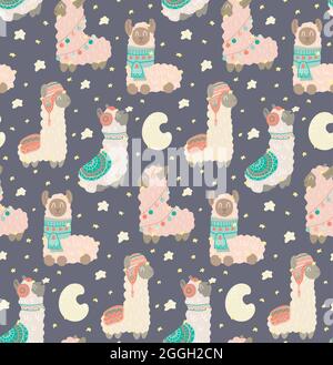 Niedliches kindliches Muster mit Lamas-Konstellationen auf dunkelgrauem Hintergrund. Animalische, sanfte Textur mit Sternen und Halbmond bei Nacht. Alpakas Stock Vektor