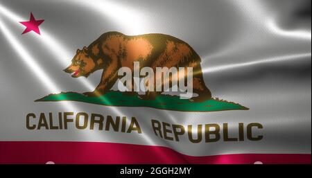 Kalifornische Flagge, Vereinigte Staaten von Amerika, winkende Falten, Nahaufnahme, 3D-Rendering Stockfoto