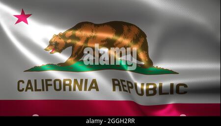 Kalifornische Flagge, Vereinigte Staaten von Amerika, winkende Falten, Nahaufnahme, 3D-Rendering Stockfoto