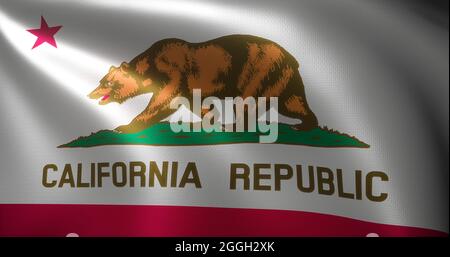 Kalifornische Flagge, Vereinigte Staaten von Amerika, winkende Falten, Nahaufnahme, 3D-Rendering Stockfoto