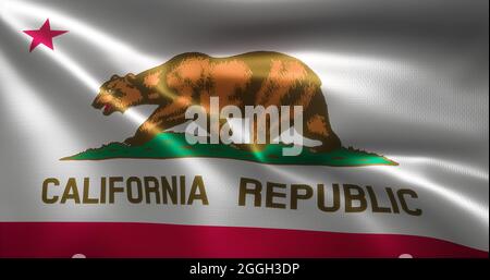 Kalifornische Flagge, Vereinigte Staaten von Amerika, winkende Falten, Nahaufnahme, 3D-Rendering Stockfoto