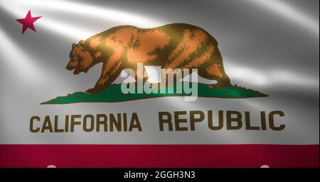 Kalifornische Flagge, Vereinigte Staaten von Amerika, winkende Falten, Nahaufnahme, 3D-Rendering Stockfoto