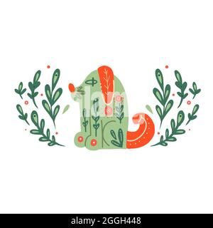 Stilisierter Hund mit volkstümlichen Mustern und natürlichen Dekorationen. Spaniel mit Laub. Vektor-Illustration von Welpen mit Tribal-Boho-Muster. Animalische Karte Stock Vektor