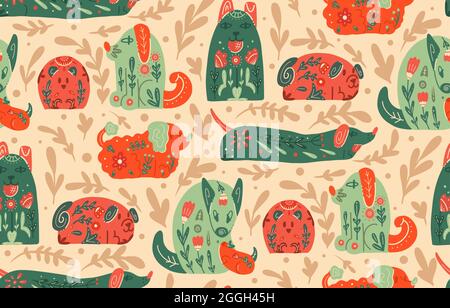 Nahtloses Muster mit stilisierten Hunden mit volkstümlichen Mustern und natürlichen Dekorationen. Vector animalische Textur mit verschiedenen Welpen mit einem Tribal Boho patte Stock Vektor