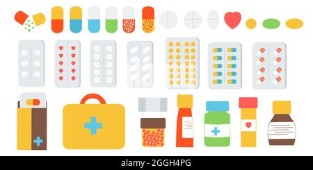 Eine Reihe von medizinischen Präparaten. Tabletten sind anders, in einer Blister, in einer Packung, in einem Glas. Ambulanz für Schmerzen verschiedener Art. Flache Abbildung. Stock Vektor