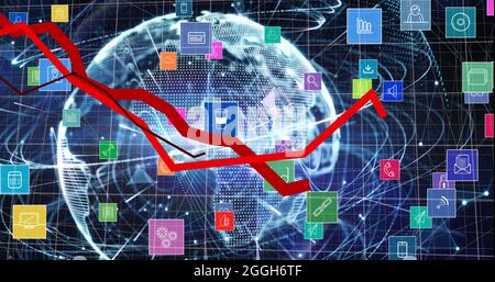 Bild von digitalen Symbolen und Datenverarbeitung mit roten Linien über dem Globus im Hintergrund Stockfoto