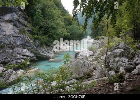 Ein ruhiger Teil des Soca-Flusses, Slowenien 2020 Stockfoto