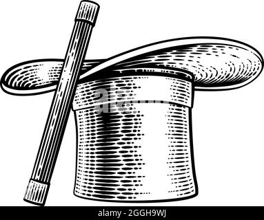 Zauberstab Und Magier Hut Holzschnitt Zeichnung Stock Vektor