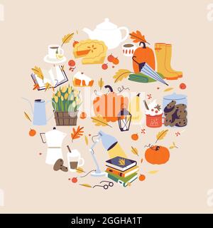 Vektor Illustration Herbst Kollektion. Herbst kuschelig. Dekoratives Set aus Herbst-Elementen und Accessoires Stock Vektor