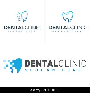 Zahnklinik mit Zahn-Tech-Pixel-Kombination Logo-Design Stock Vektor