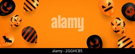Halloween-Banner mit Geisterballons auf orangefarbenem Hintergrund. Beängstigende Luftballons mit Platz für Ihren Text Stock Vektor