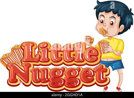 Little Nugget Logo Text-Design mit einem Jungen essen Huhn Nuggets Illustration Stock Vektor