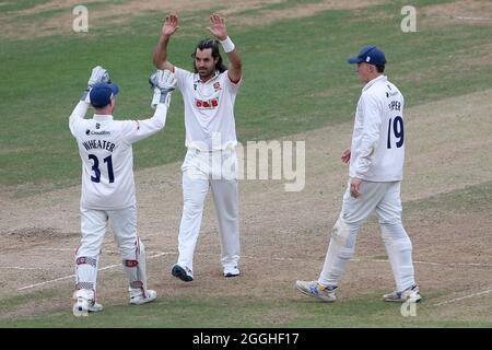 Shane Snater aus Essex feiert mit seinen Teamkollegen, nachdem er Dan Douthwaite während des Glamorgan CCC gegen Essex CCC, LV Insurance County, in den Dickicht genommen hatte Stockfoto