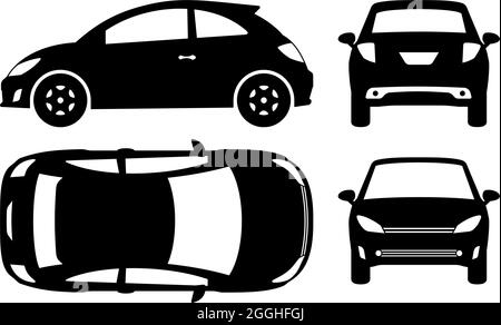 Kompakte Auto Silhouette auf weißem Hintergrund. Fahrzeugsymbole stellen die Ansicht von der Seite, vorne, hinten und oben ein Stock Vektor