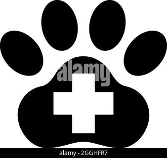 Pfote Erste Hilfe Kreuz, Veterinärklinik. Abbildung des Symbols für flache Vektorgrafik. Einfaches schwarzes Symbol auf weißem Hintergrund. Pfote Erste Hilfe Cross Veterinary Clinic Stock Vektor