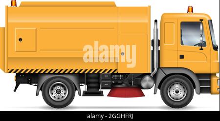 Street Kehrmaschine LKW Vektor Illustration Ansicht von der Seite isoliert auf weißem Hintergrund. Fahrzeugmockup zum Waschen und Reinigen von Straßen. Stock Vektor