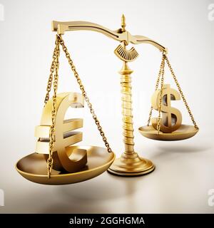 Der Goldene Euro und der Dollar stehen auf der Waage einer ausgewogenen Skala. 3D-Illustration. Stockfoto