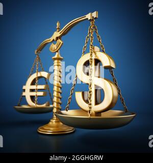 Der Goldene Euro und der Dollar stehen auf der Waage einer ausgewogenen Skala. 3D-Illustration. Stockfoto