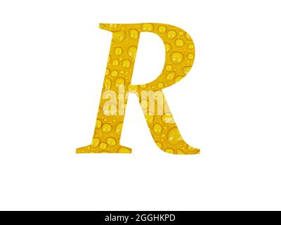 Buchstabe R des Alphabets mit Regentropfen auf gelbem Hintergrund, isoliert auf weißem Hintergrund Stockfoto