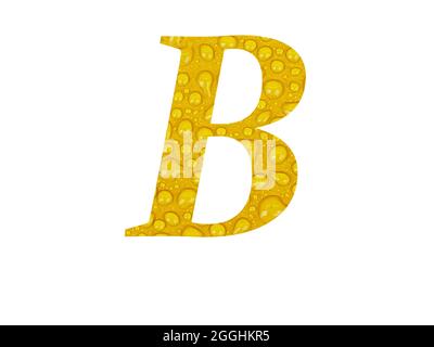 Buchstabe B des Alphabets mit Regentropfen auf gelbem Hintergrund, isoliert auf weißem Hintergrund Stockfoto